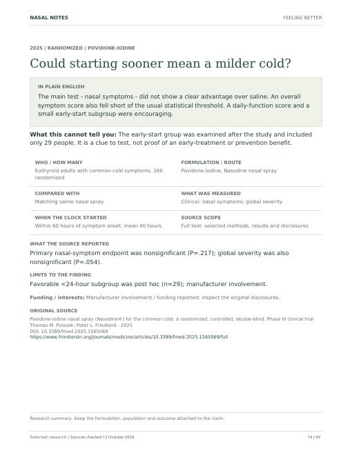 Sample study-note page on a 2025 povidone-iodine common-cold trial